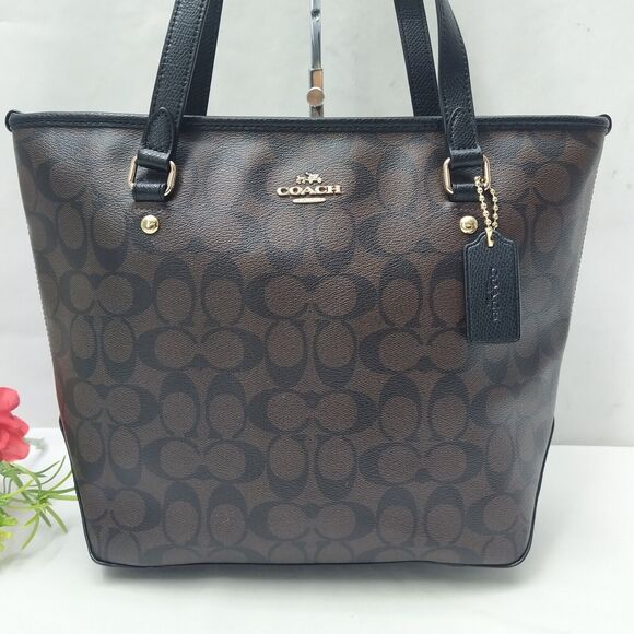 Coach Signature Brown Leather Double Handle Zipper Closure Tote Shoulder Bag - Picture 2 of 16